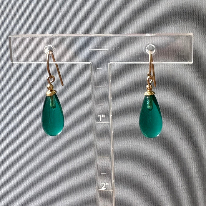 Teal German glass and gold drop earrings from Owen Glass Collection, featuring elegant glass and metallic accents.
