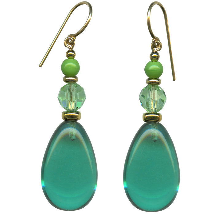 Owen Glass Collection teal glass and peridot crystal gold earrings featuring elegant drop design and sparkling gemstones.