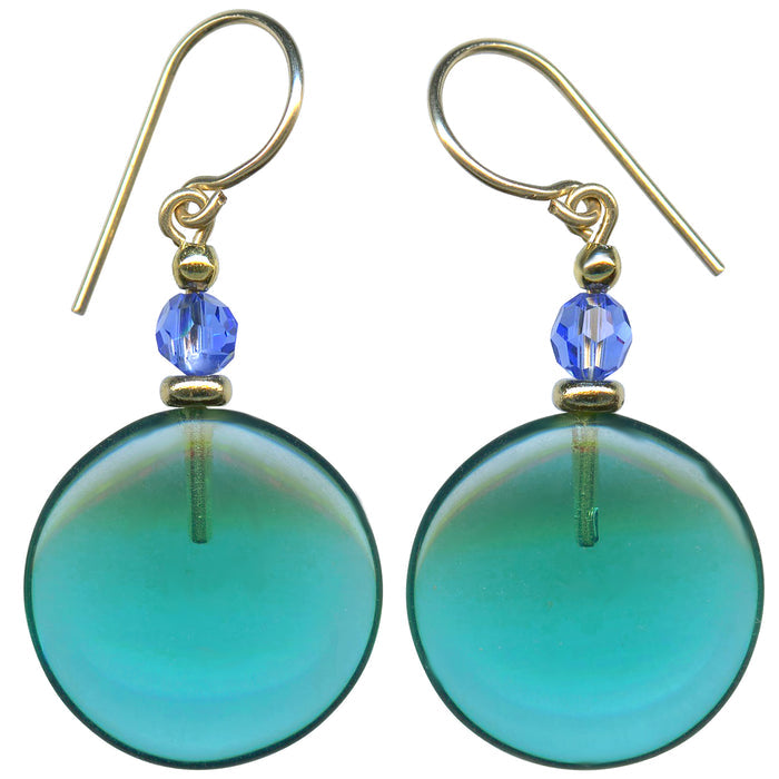 Teal glass and blue crystal dangle earrings with gold accents from Owen Glass Collection, featuring a window-inspired design.
