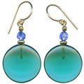 Teal glass and blue crystal dangle earrings with gold accents from Owen Glass Collection, featuring a window-inspired design.