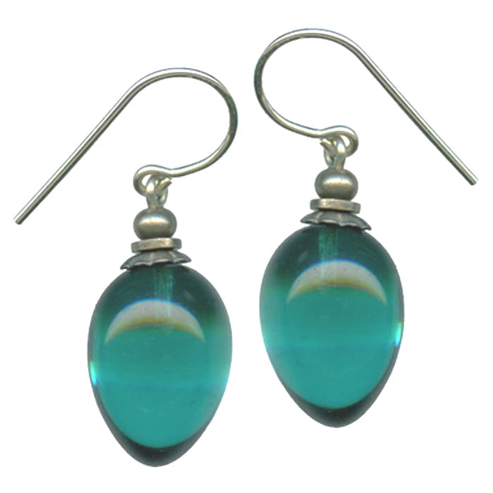 Teal glass drop earrings with sterling silver "Berries 2" design from Owen Glass Collection, featuring vibrant glass and silver accents.