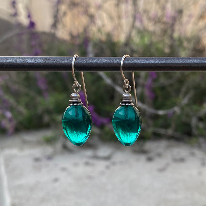 Teal glass drop earrings with sterling silver berries design from Owen Glass Collection, featuring elegant, handcrafted jewelry.