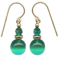 Teal glass and emerald crystal drop earrings from Owen Glass Collection featuring bubble-shaped design.