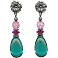 Teal glass and fuchsia Austrian crystal post earrings from Owen Glass Collection, featuring raindrop-inspired design.