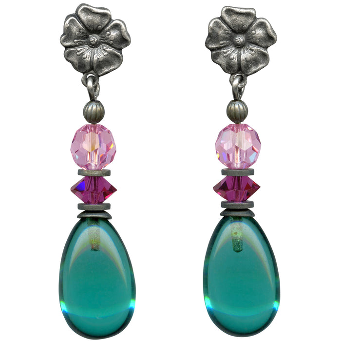 Teal glass and fuchsia Austrian crystal post earrings from Owen Glass Collection, featuring raindrop-inspired design.