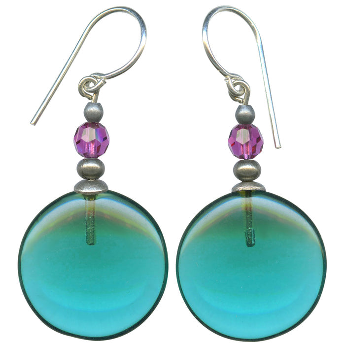 Teal glass and fuchsia crystal dangle earrings from Owen Glass Collection featuring vibrant, elegant jewelry with intricate design.