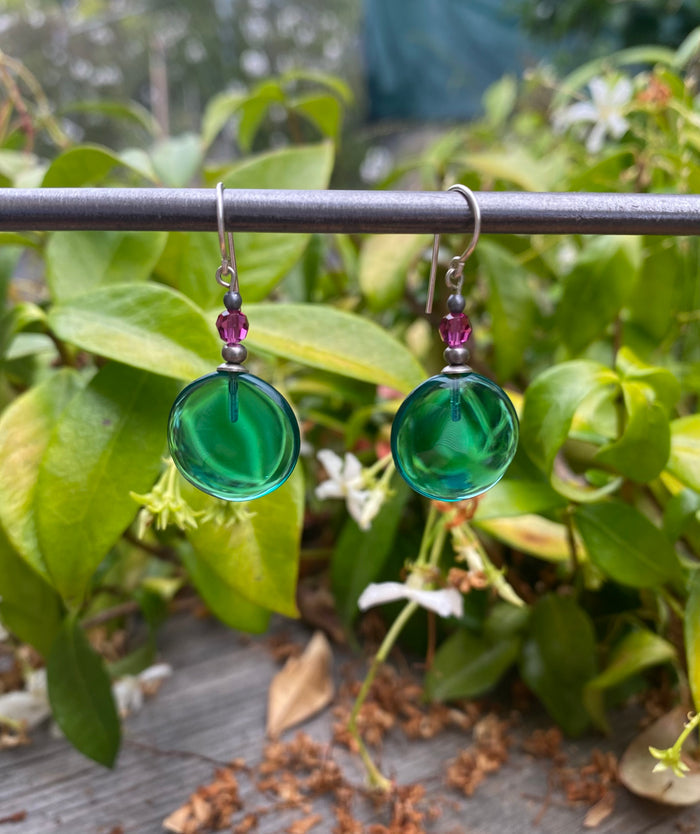 Teal glass and fuchsia crystal dangle earrings from Owen Glass Collection featuring elegant, colorful hanging jewelry.