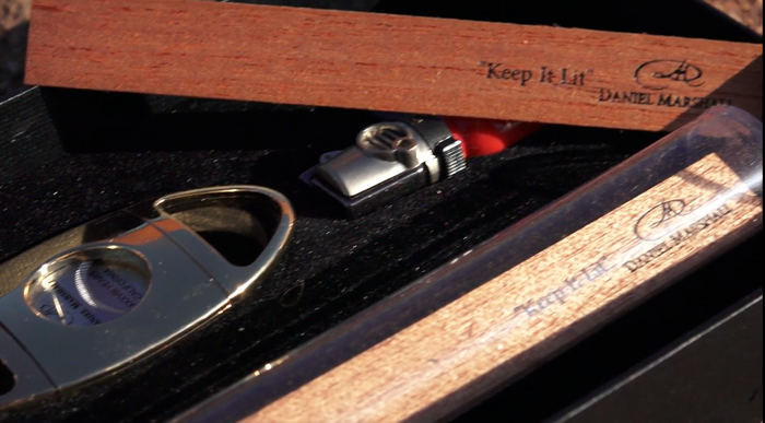 THE DM CIGAR ENHANCER / RESPECTER GOLDEN CUTTER AND LIGHTER GIFT SET "Since 1982" Spanish Cedar "Keep it Lit" & "Enjoy the Modern Day Campfire" Cigar Enhancer