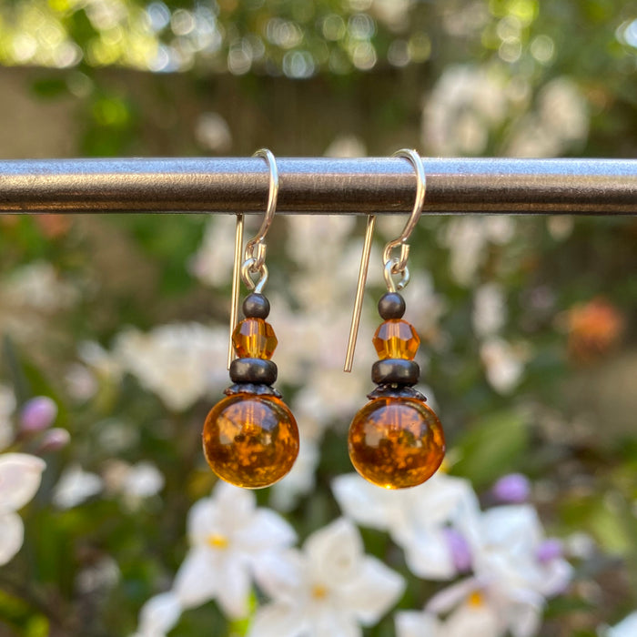 Owen Glass Collection Topaz German Glass and Austrian Crystal dangle earrings with bubble design, elegant jewelry for special occasions