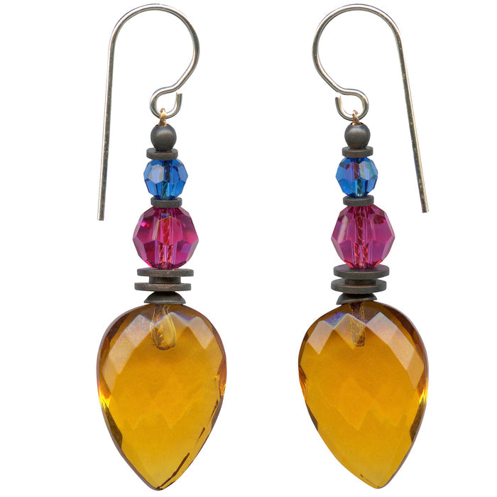 Owen Glass Collection Topaz glass dangle earrings featuring faceted gemstone design and silver hooks, elegant jewelry accessory.