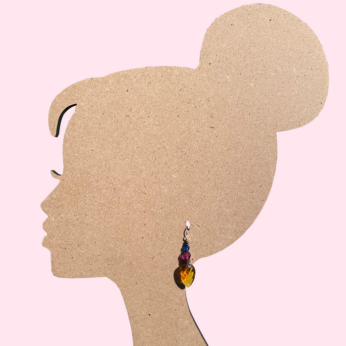 Owen Glass Collection Topaz glass dangle earrings with faceted stones and silver hooks, elegant jewelry for special occasions.