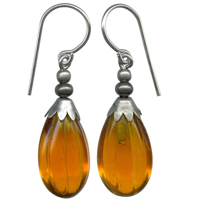 Owen Glass Collection Topaz German glass drop earrings with seedpod design, featuring vibrant blue glass and elegant dangle style.