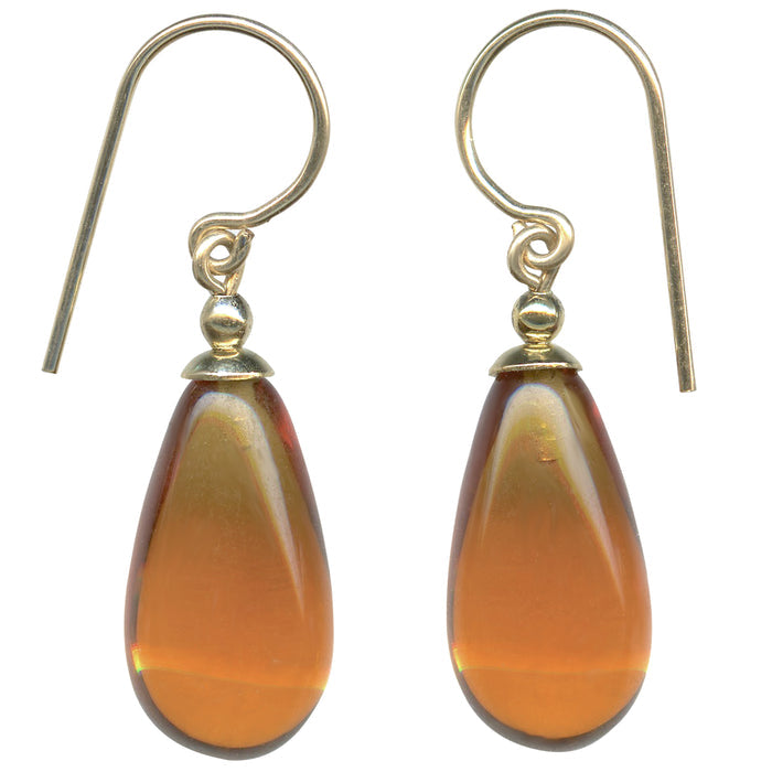 Topaz German glass and gold dangle earrings from Owen Glass Collection, featuring bright, colorful glass and elegant gold accents.