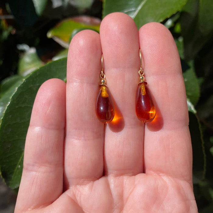 Owen Glass Collection Topaz German glass and gold dangle earrings with bright, colorful design and elegant gold hooks.