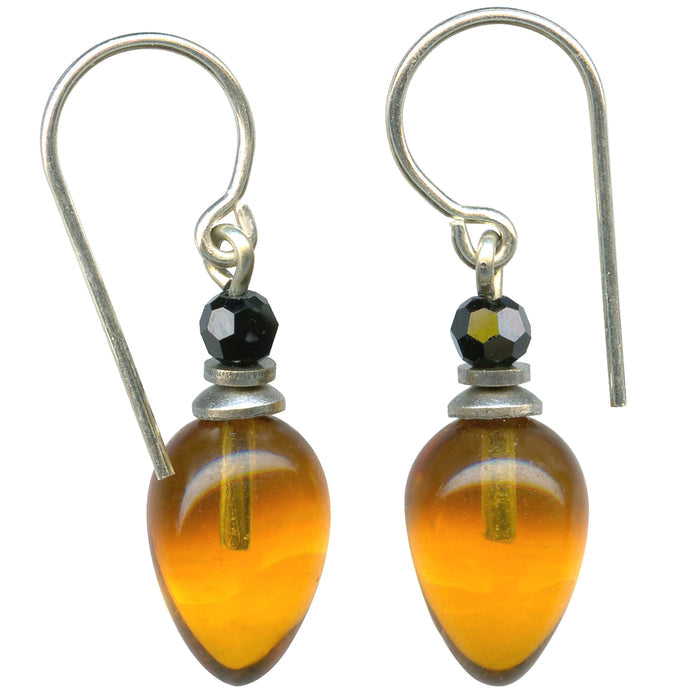 Owen Glass Collection Topaz Glass and Jet Crystal Dangle Earrings with plum-colored accents and intricate detailing.
