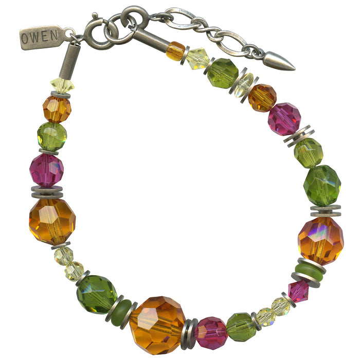 Pink and green Czech glass and Austrian crystal beaded bracelet from Owen Glass Collection, showcasing colorful, intricate jewelry design.