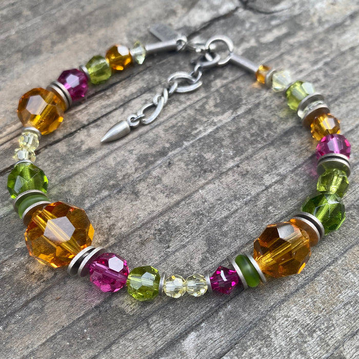Pink and green Czech glass and Austrian crystal beaded bracelet from Owen Glass Collection, style 203.