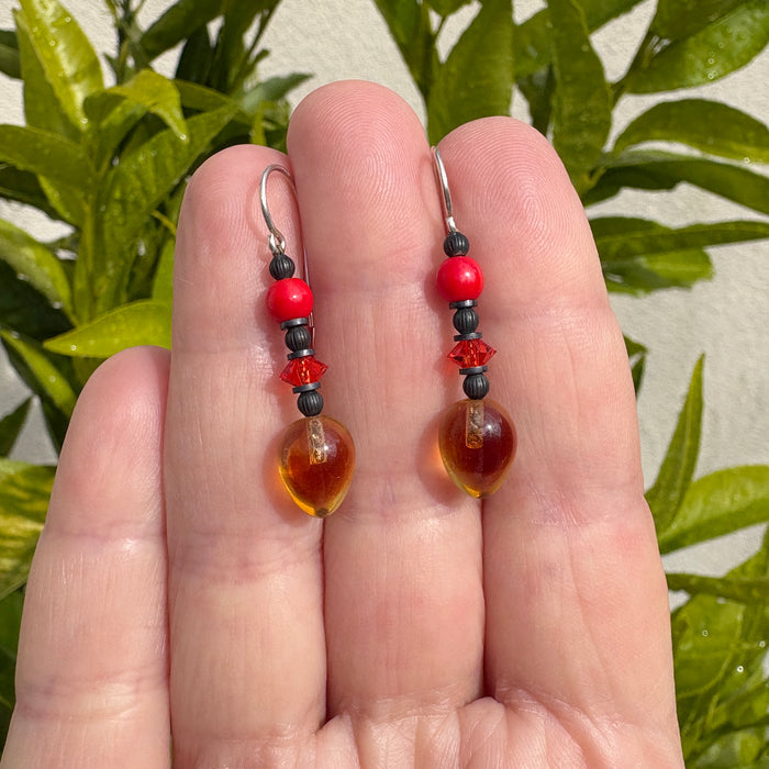 Elegant Topaz and red Czech glass with Austrian crystal drop earrings from Owen Glass Collection, showcasing colorful glass and crystal details.