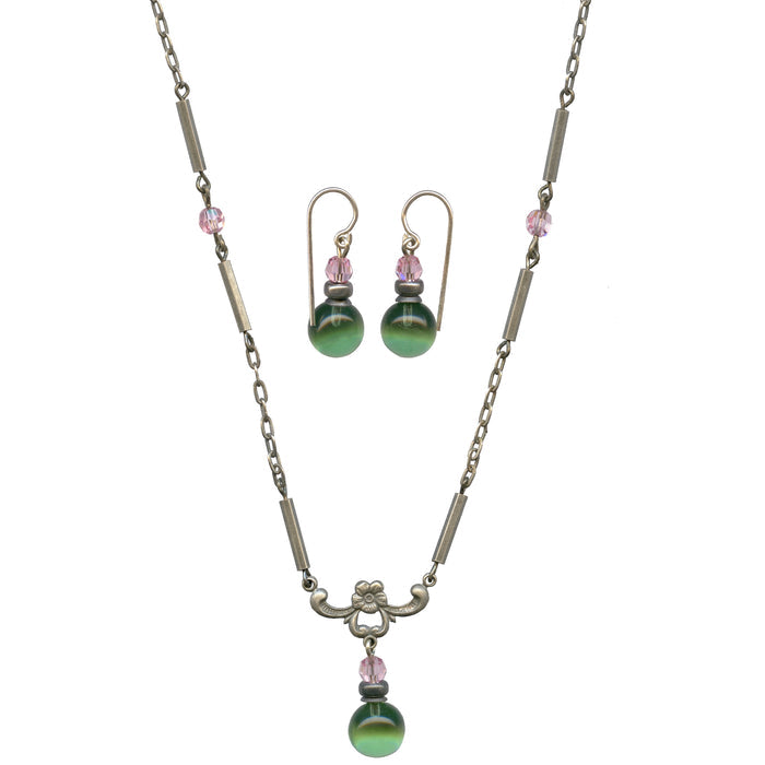 Owen Glass Collection Hyde Park 2 green and pink earrings and necklace set featuring matching jewelry with vibrant colors.