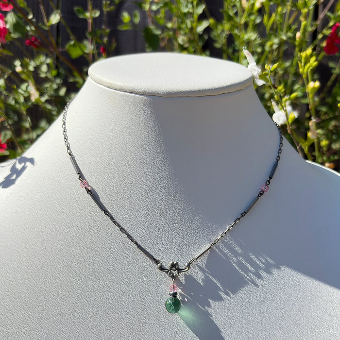 Owen Glass Collection Hyde Park 2 green and pink earrings and necklace set with matching jewelry pieces.