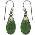 Green tourmaline German glass drop earrings with seedpod design from Owen Glass Collection, showcasing intricate craftsmanship.