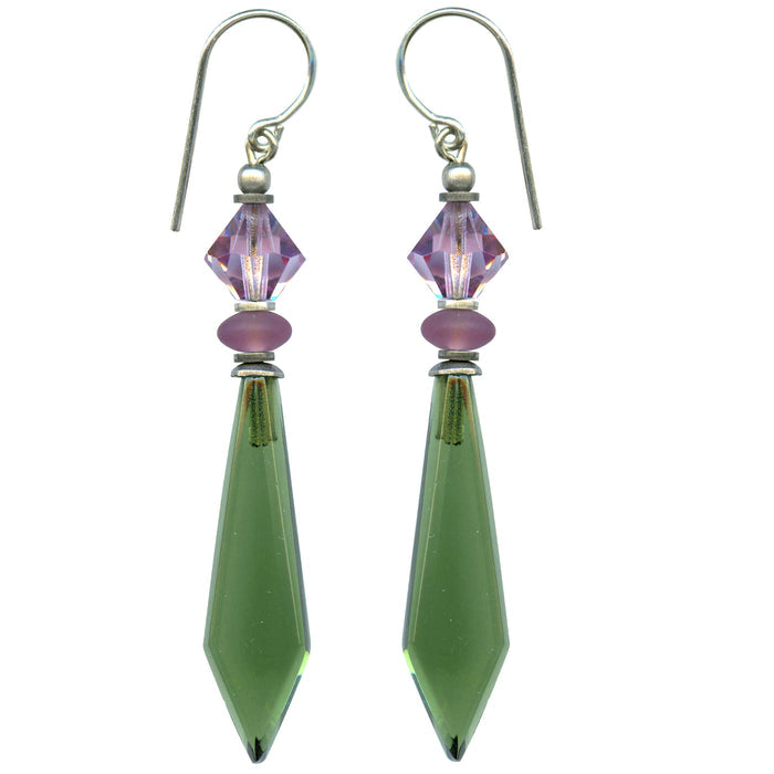 Green tourmaline German glass drop earrings by Owen Glass Collection with intricate design and elegant dangle style.