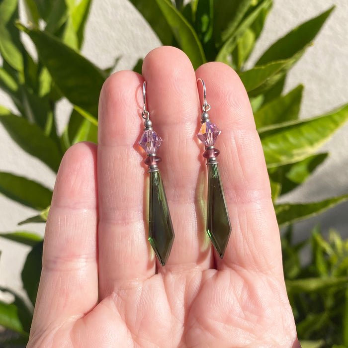 Green tourmaline German glass drop earrings from Owen Glass Collection, featuring elegant, colorful glass jewelry design.
