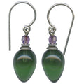 Green glass and amethyst crystal earrings from Owen Glass Collection featuring tourmaline accents and elegant plum design.
