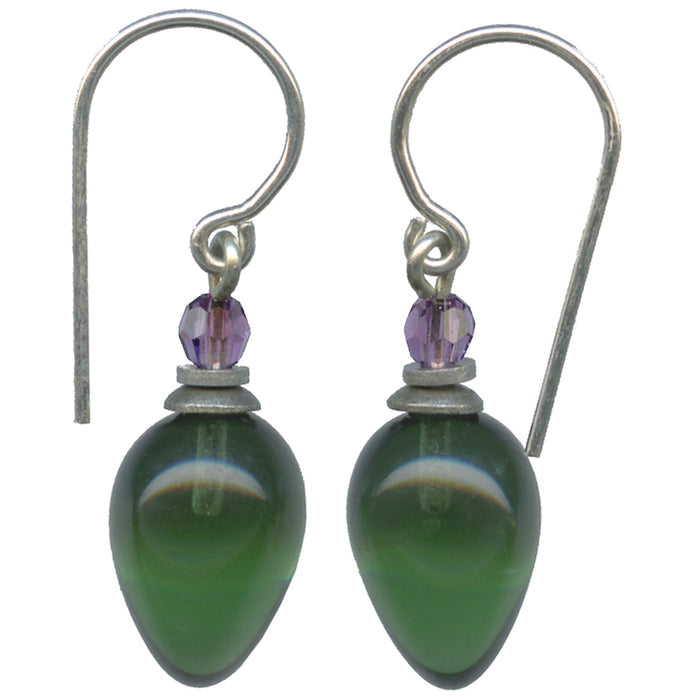 Green glass and amethyst crystal earrings from Owen Glass Collection featuring tourmaline accents and elegant plum design.
