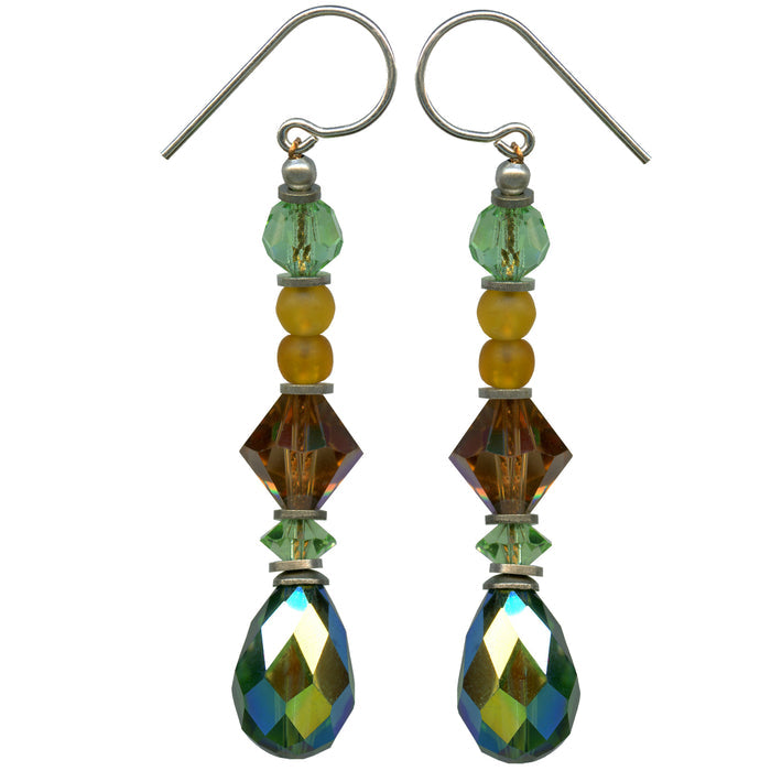 Green iridescent tourmaline crystal earrings from Owen Glass Collection, featuring vibrant, shimmering gemstone dangles.