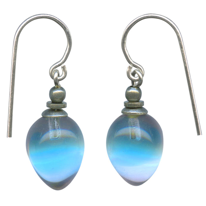 A pair of silver fdrop earrings with teardrop-shaped glass beads showing a blue , white and pink gradient, set against a plain white background.