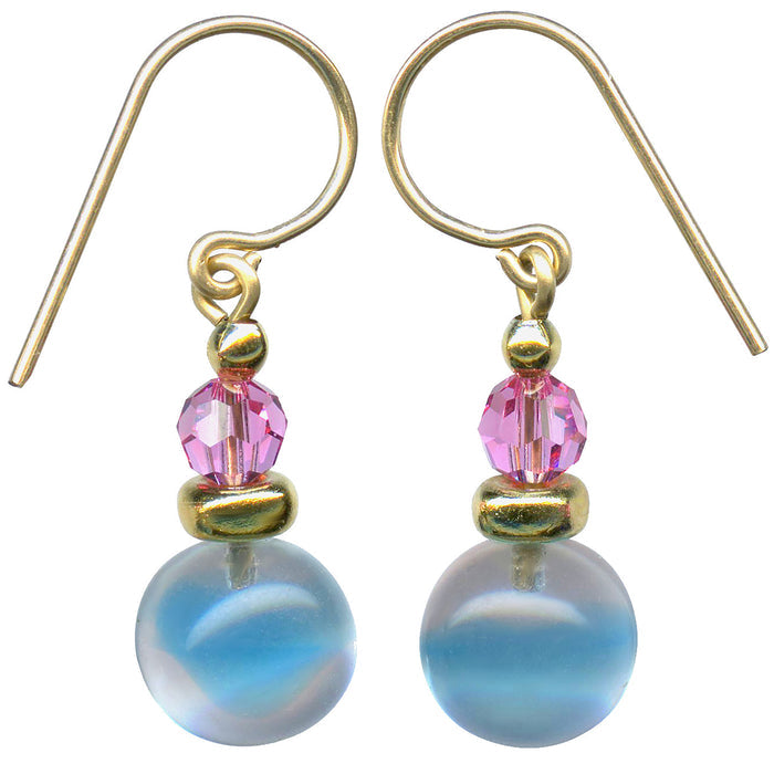 Two-tone aqua and rose glass drop earrings from Owen Glass Collection featuring bubble-shaped glass charms.