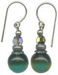 Two-tone teal and smoke topaz glass drop earrings from Owen Glass Collection featuring bubble-shaped design.