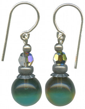 Two-tone teal and smoke topaz glass drop earrings from Owen Glass Collection featuring bubble-shaped design.