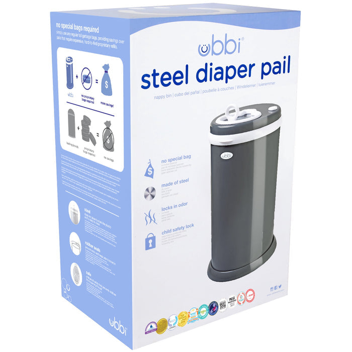 Ubbi Stainless Steel Diaper Pail, Odor Locking, No Special Bag Required, Award-Winning, Registry Must-Have, Slate - Brand New