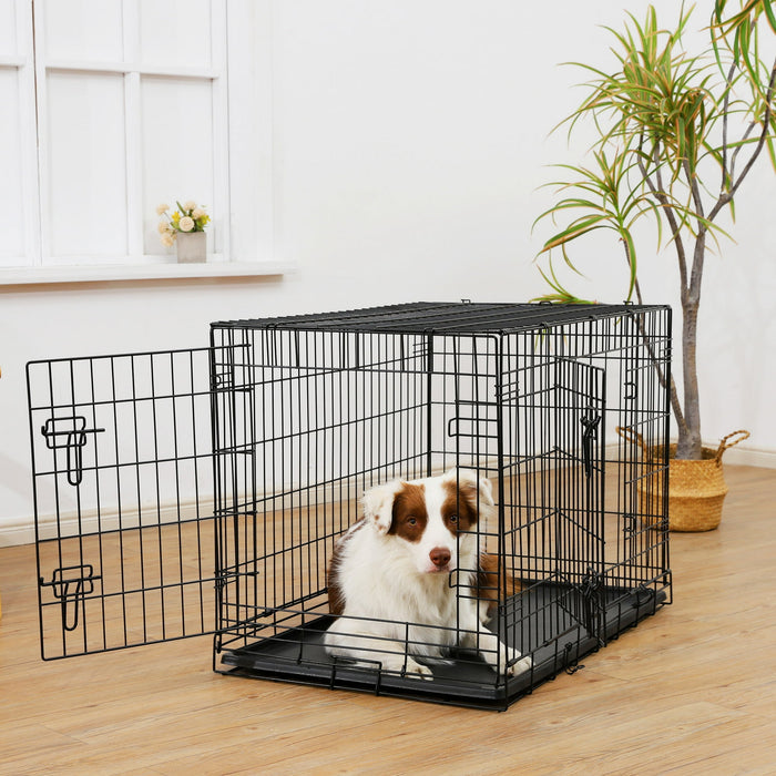 Vibrant Life Wire Dog Crate, Double-Door, Divider and Leak-Proof Tray, Metal, Foldable, Durable, Black, 36 in - Brand New