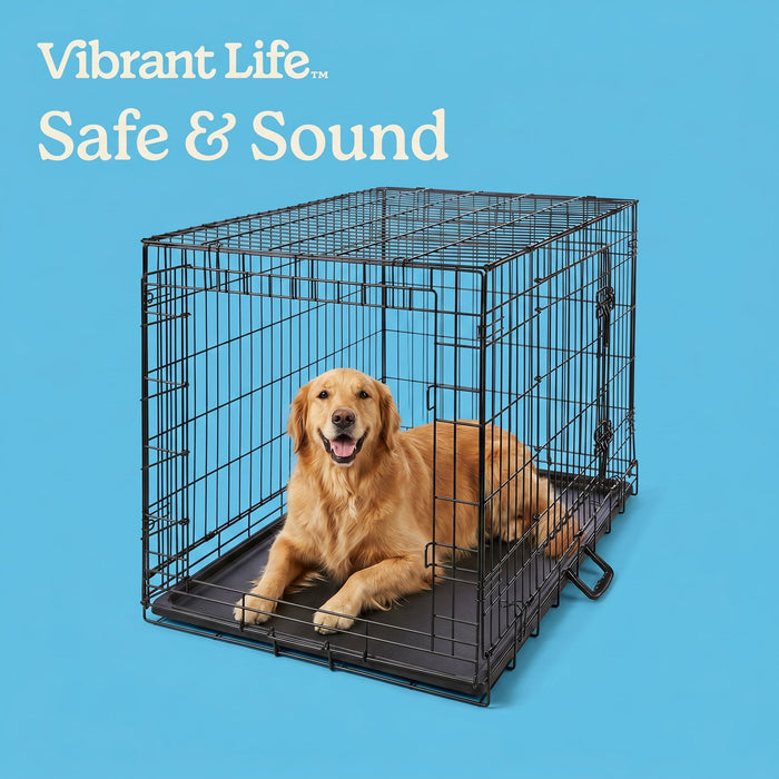 Vibrant Life Wire Dog Crate, Double-Door, Divider and Leak-Proof Tray, Metal, Foldable, Durable, Black, 36 in - Brand New