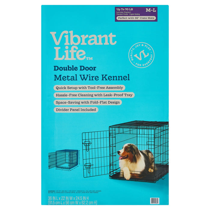 Vibrant Life Wire Dog Crate, Double-Door, Divider and Leak-Proof Tray, Metal, Foldable, Durable, Black, 36 in - Brand New