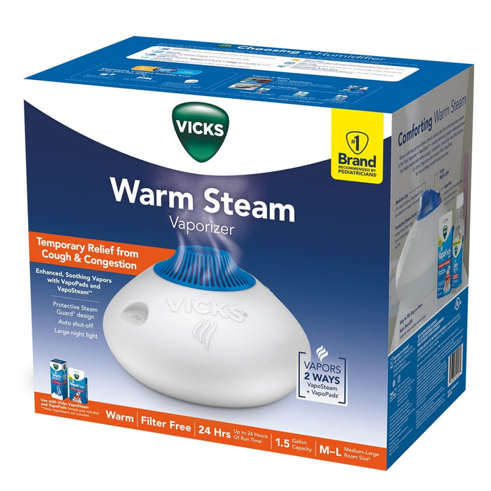 Vicks Warm Steam Vaporizer Humidifier with Night Light, 1.5 Gal, 600 Sq. Ft, White, V150SGNLUPCV2 - Brand New