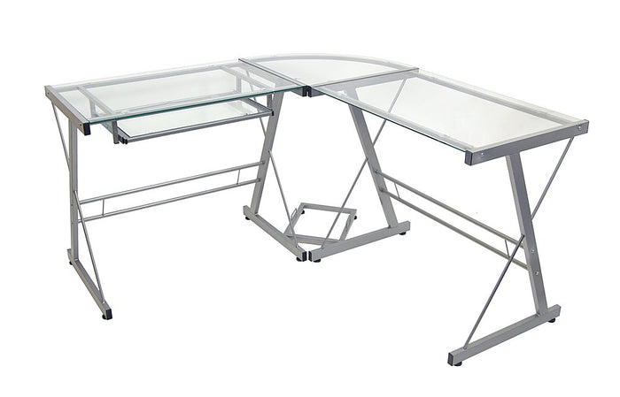 Walker Edison - 52" L-Shaped Modern Glass Corner Computer Desk - Silver - Brand New