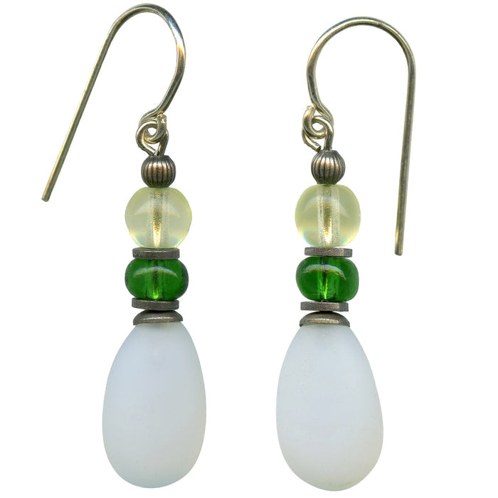 White frosted glass dangle earrings with yellow and emerald Czech glass raindrop accents by Owen Glass Collection.