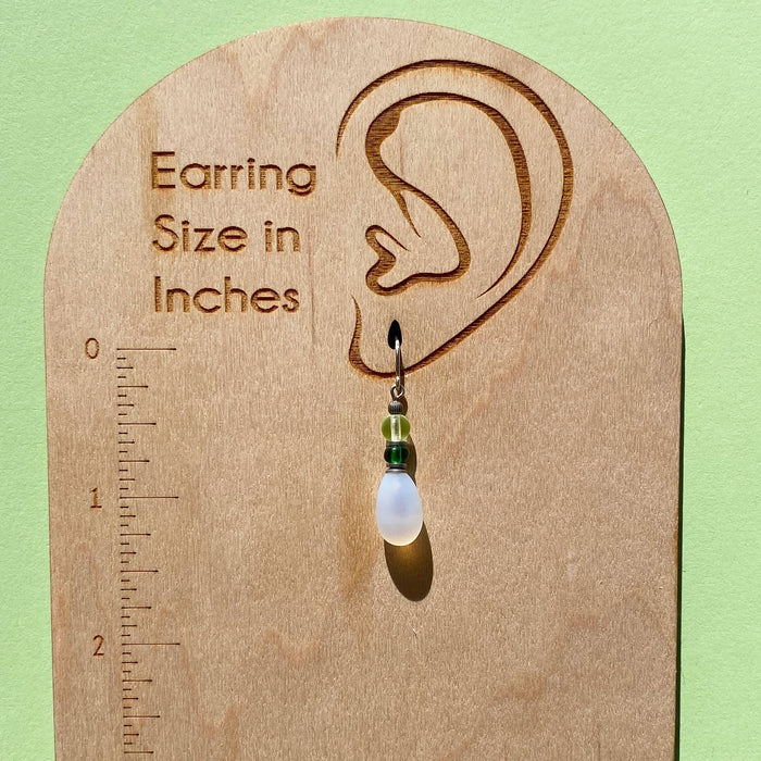 White frosted glass dangle earrings with yellow and emerald Czech glass raindrop designs from Owen Glass Collection