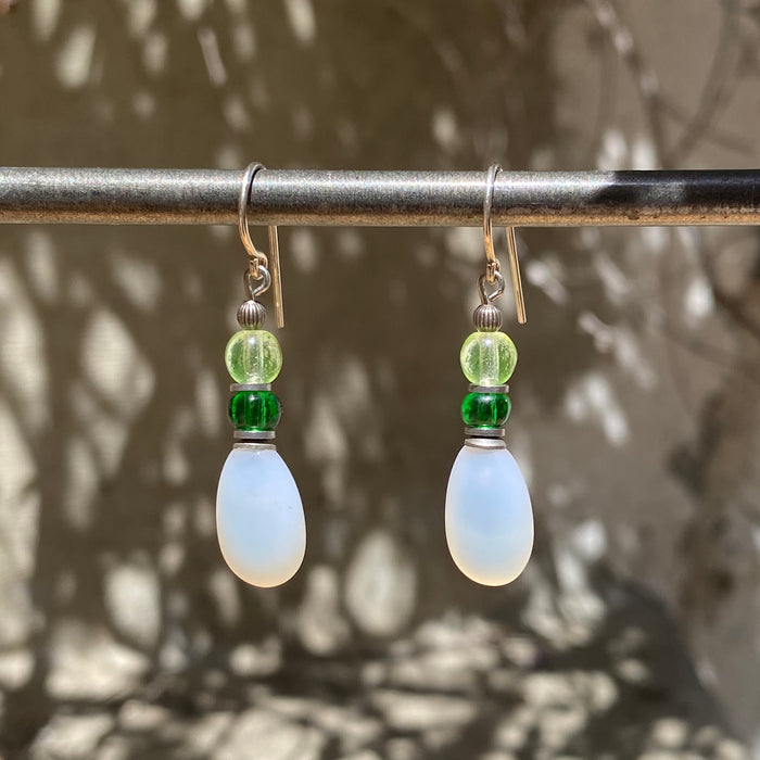 White frosted glass dangle earrings with yellow and emerald Czech glass raindrop accents by Owen Glass Collection