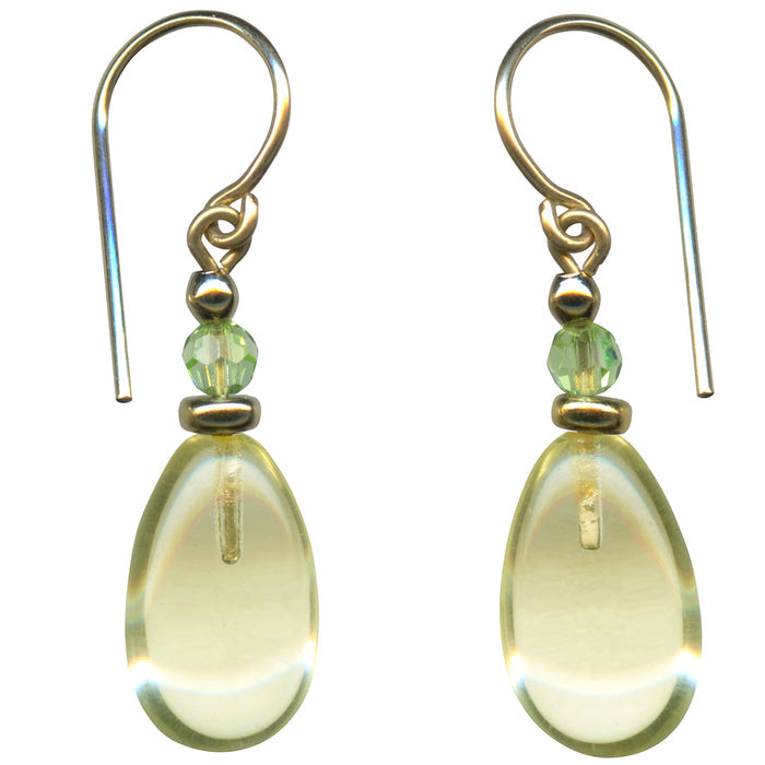 Yellow glass and peridot crystal drop earrings with raindrop design from Owen Glass Collection, showcasing elegant jewelry.