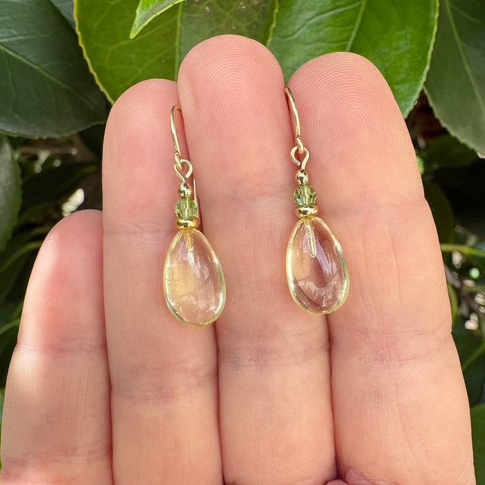 Yellow glass and peridot crystal drop earrings from Owen Glass Collection featuring raindrop-shaped design.
